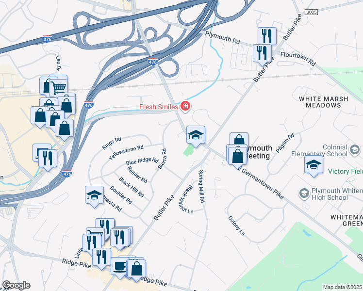 map of restaurants, bars, coffee shops, grocery stores, and more near 119 Meeting House Lane in Plymouth Meeting