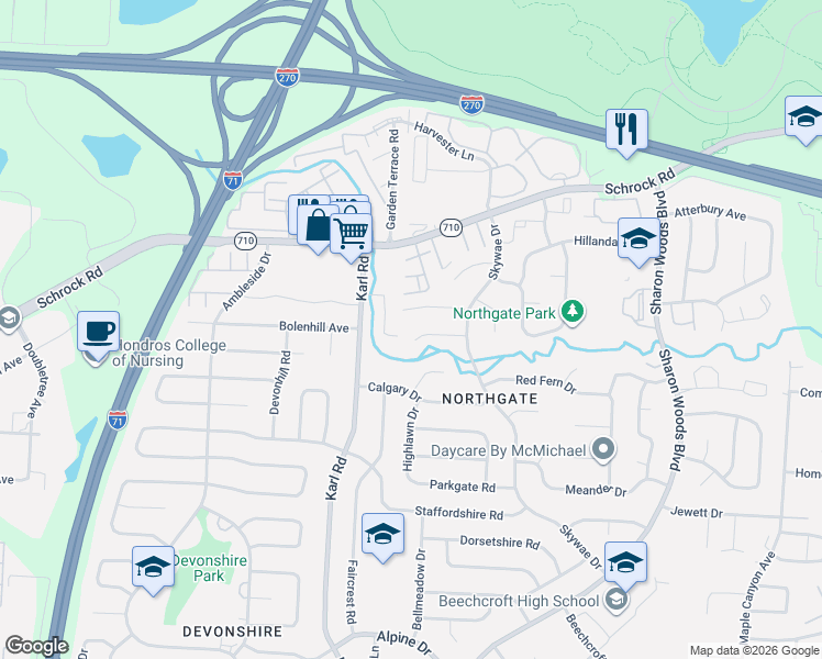 map of restaurants, bars, coffee shops, grocery stores, and more near 1643 Tendril Court in Columbus