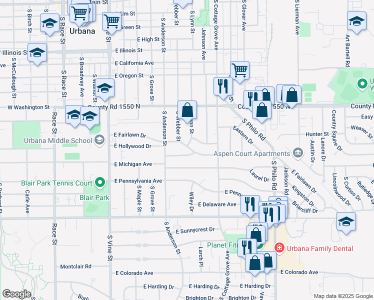 map of restaurants, bars, coffee shops, grocery stores, and more near 806 Hawthorne Drive in Urbana