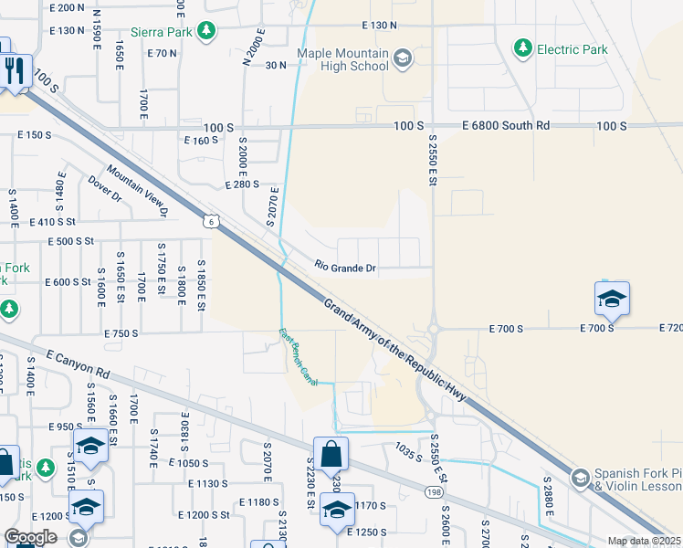 map of restaurants, bars, coffee shops, grocery stores, and more near 2262 East Rio Grande Drive in Spanish Fork