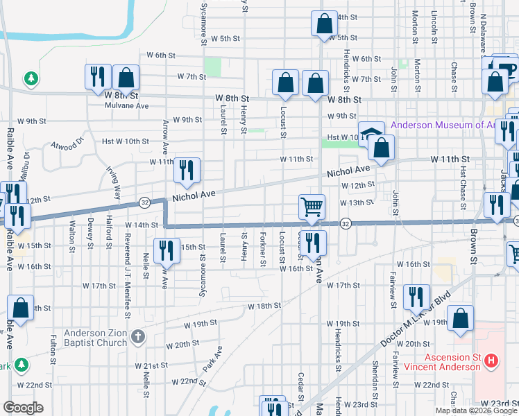 map of restaurants, bars, coffee shops, grocery stores, and more near 1307 West 13th Street in Anderson