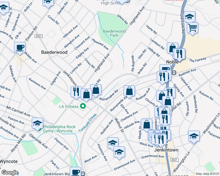 map of restaurants, bars, coffee shops, grocery stores, and more near 574 Wanamaker Road in Jenkintown