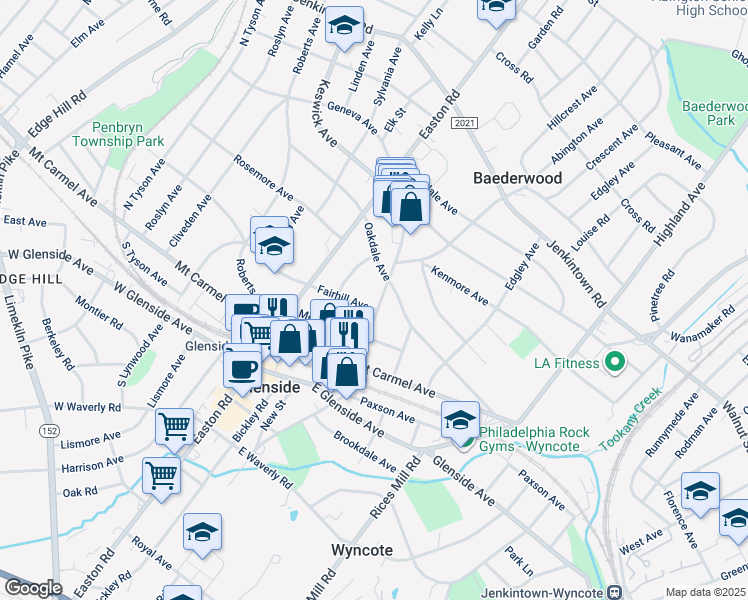 map of restaurants, bars, coffee shops, grocery stores, and more near 2206 Fairhill Avenue in Glenside