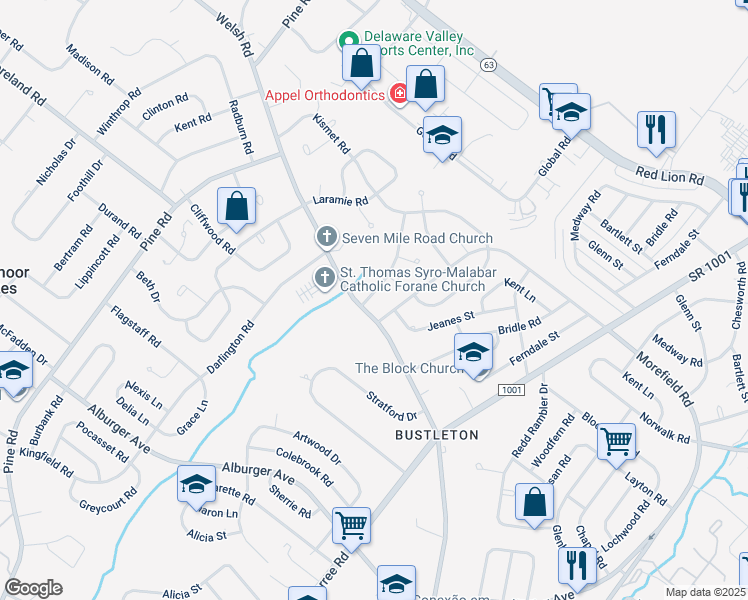 map of restaurants, bars, coffee shops, grocery stores, and more near 9703 Wynmill Road in Philadelphia