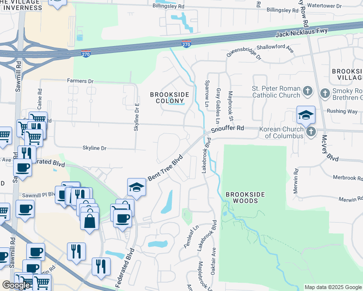 map of restaurants, bars, coffee shops, grocery stores, and more near 2300 Sibby Lane in Columbus