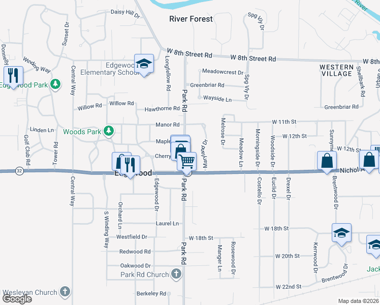 map of restaurants, bars, coffee shops, grocery stores, and more near 1308 Park Road in Anderson