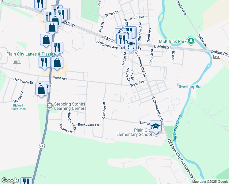map of restaurants, bars, coffee shops, grocery stores, and more near 470 Smucker Lane in Plain City