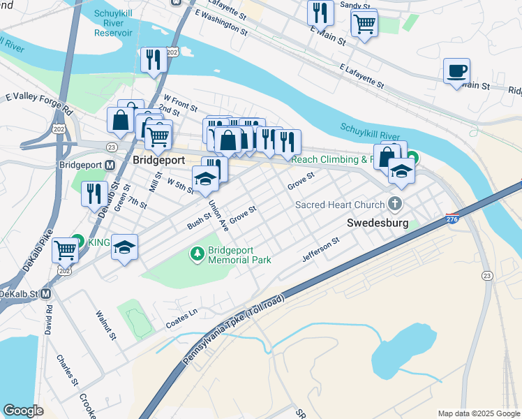 map of restaurants, bars, coffee shops, grocery stores, and more near 448 Grove Street in Bridgeport