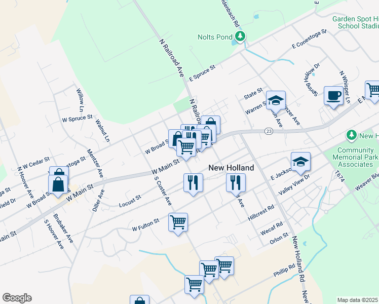 map of restaurants, bars, coffee shops, grocery stores, and more near 113 East Main Street in New Holland