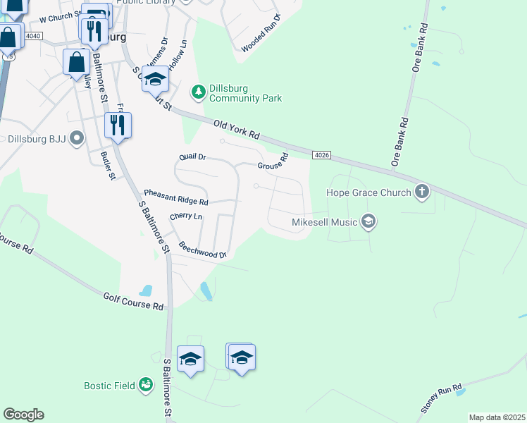 map of restaurants, bars, coffee shops, grocery stores, and more near 1165 Park Avenue in Dillsburg