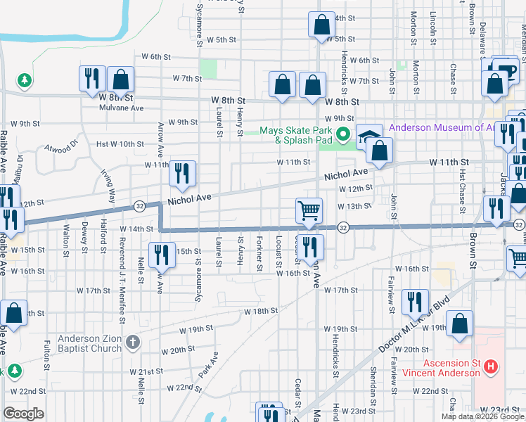 map of restaurants, bars, coffee shops, grocery stores, and more near 1227 West 13th Street in Anderson