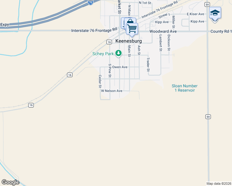 map of restaurants, bars, coffee shops, grocery stores, and more near 545 Elm Street in Keenesburg