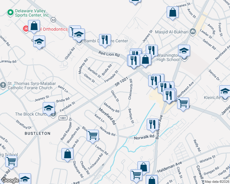 map of restaurants, bars, coffee shops, grocery stores, and more near 9967 Woodfern Road in Philadelphia