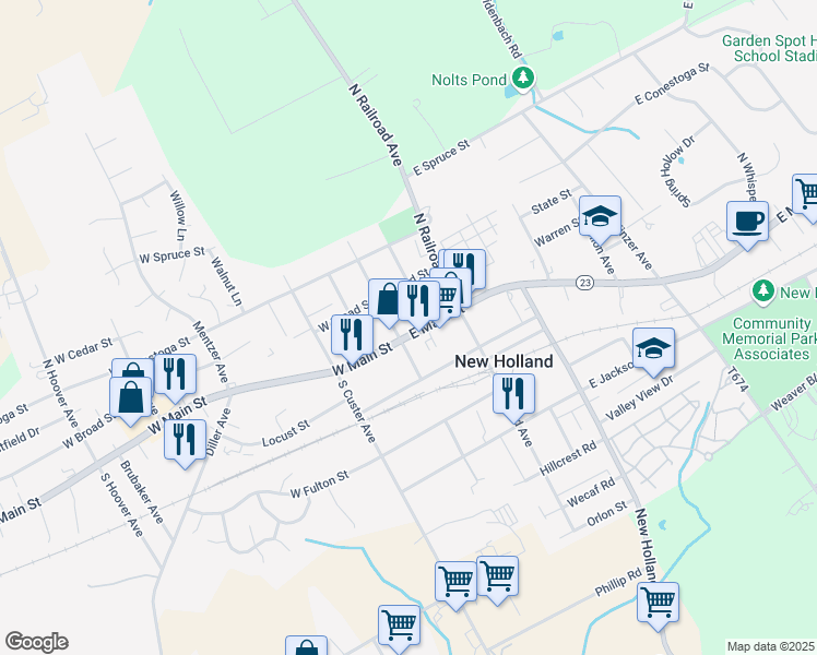 map of restaurants, bars, coffee shops, grocery stores, and more near 104 East Main Street in New Holland