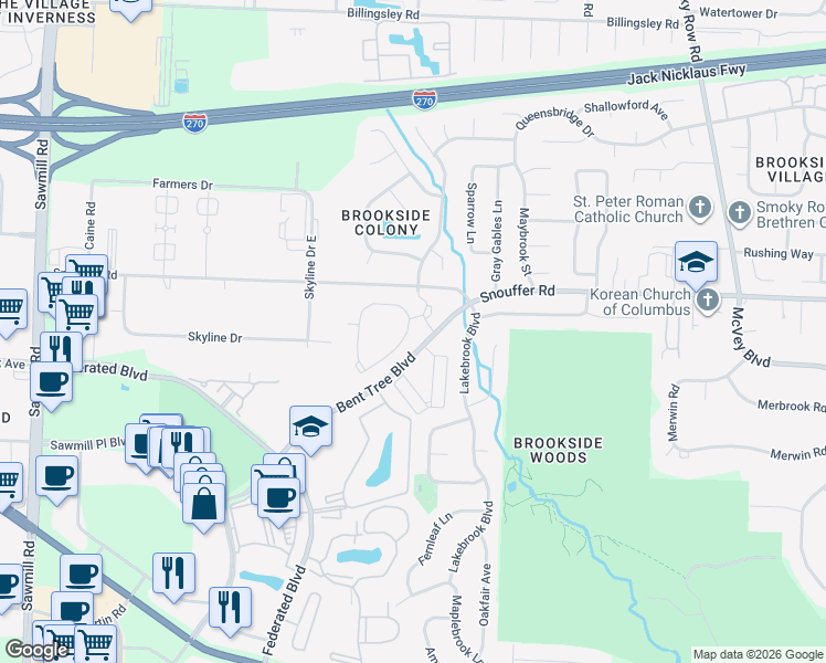 map of restaurants, bars, coffee shops, grocery stores, and more near 2300 Sibby Lane in Columbus