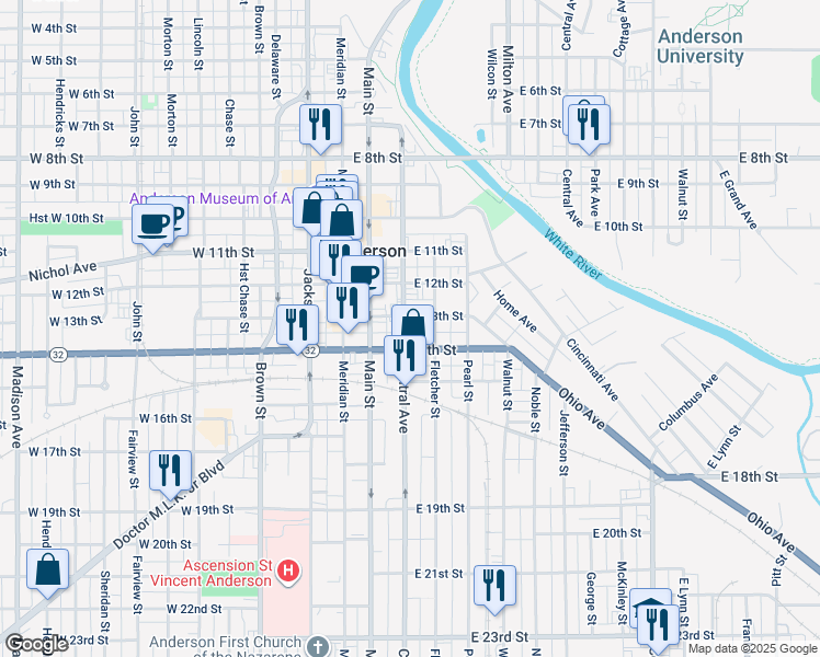 map of restaurants, bars, coffee shops, grocery stores, and more near 1327 Central Avenue in Anderson
