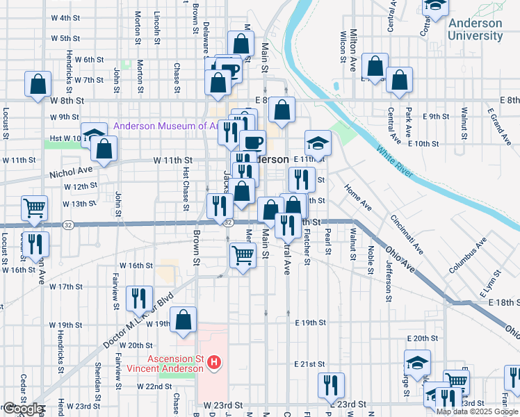map of restaurants, bars, coffee shops, grocery stores, and more near 1331 Main Street in Anderson