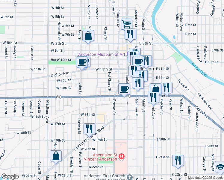 map of restaurants, bars, coffee shops, grocery stores, and more near 216 West 14th Street in Anderson