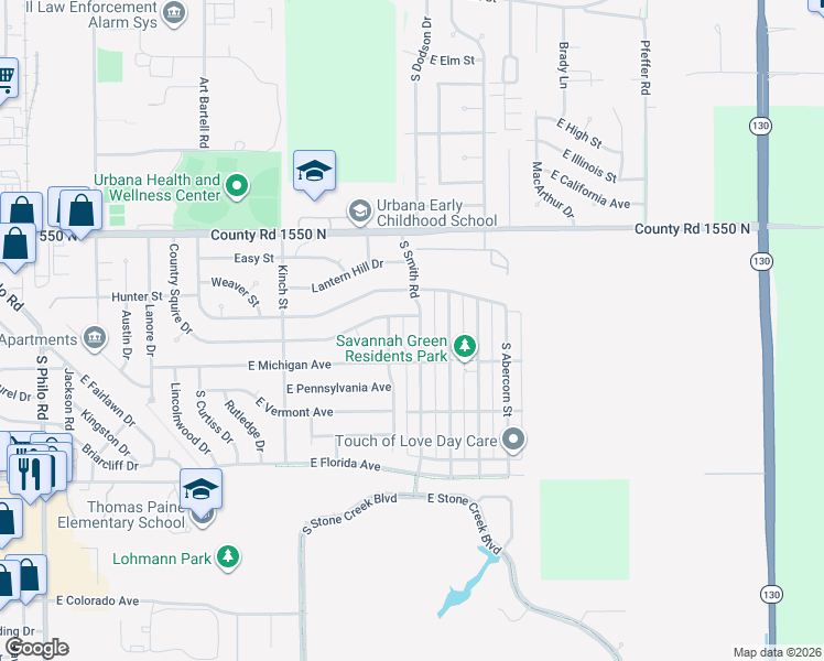 map of restaurants, bars, coffee shops, grocery stores, and more near 1312 South Smith Road in Urbana