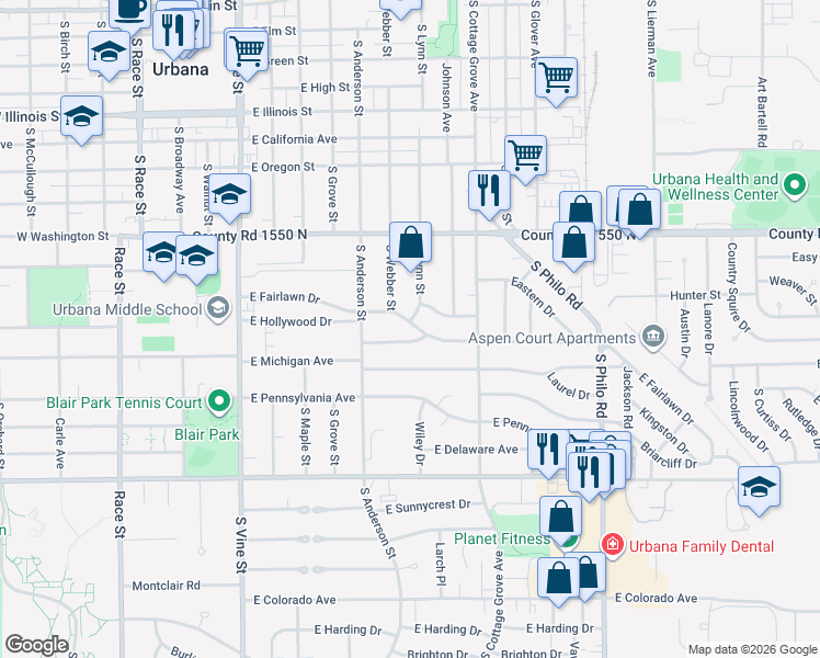 map of restaurants, bars, coffee shops, grocery stores, and more near 806 Hawthorne Drive in Urbana