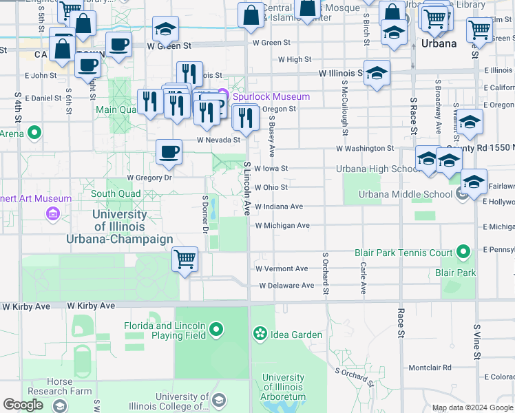 map of restaurants, bars, coffee shops, grocery stores, and more near 803 Indiana Avenue in Urbana