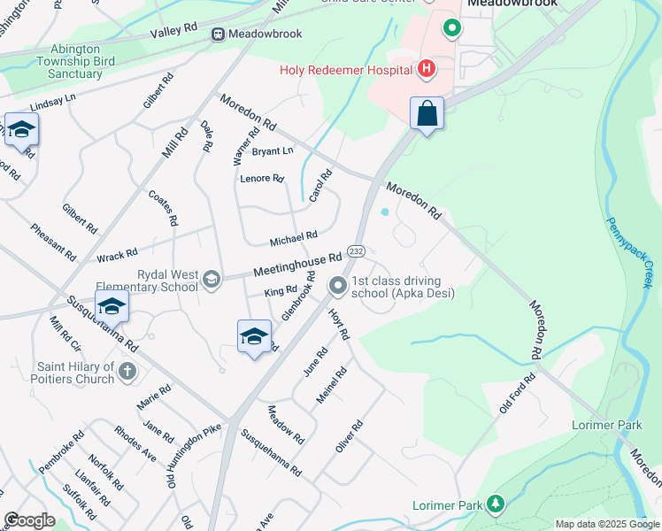 map of restaurants, bars, coffee shops, grocery stores, and more near 1375 Meetinghouse Road in Jenkintown