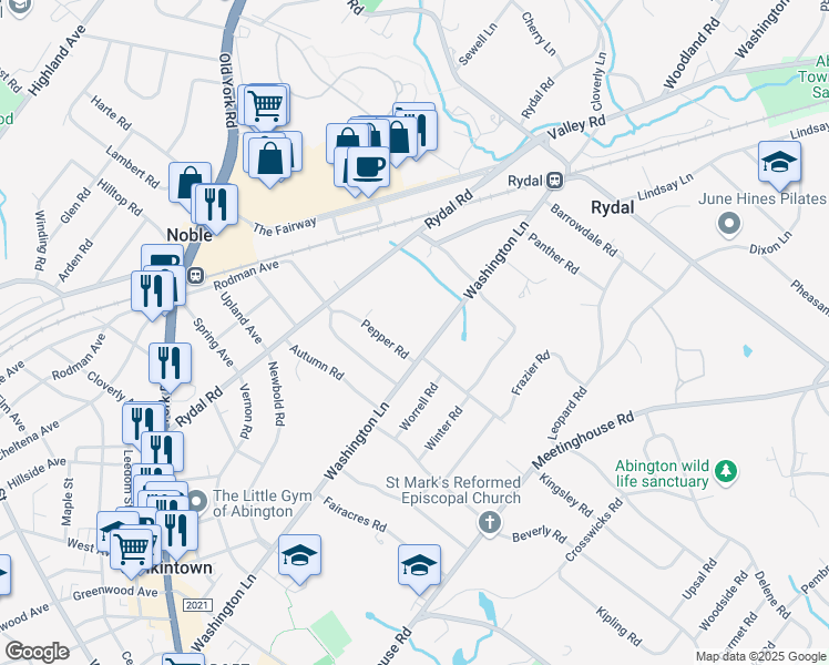 map of restaurants, bars, coffee shops, grocery stores, and more near 916 Washington Lane in Rydal