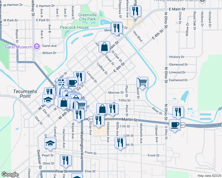 map of restaurants, bars, coffee shops, grocery stores, and more near 122 Morrow Street in Greenville