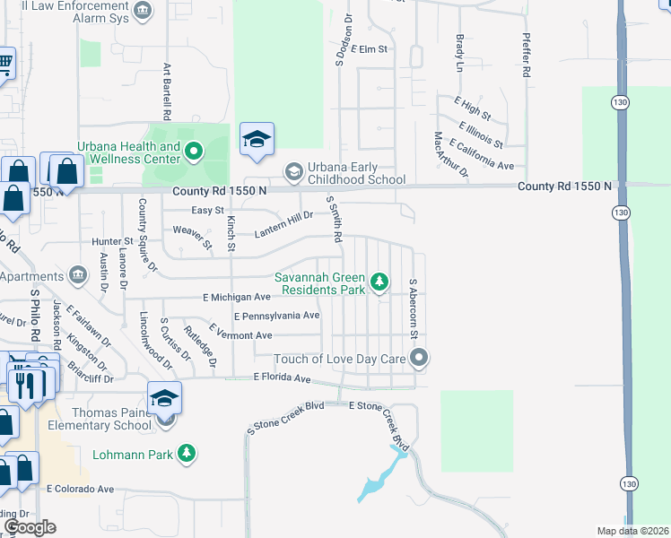 map of restaurants, bars, coffee shops, grocery stores, and more near 1312 South Smith Road in Urbana