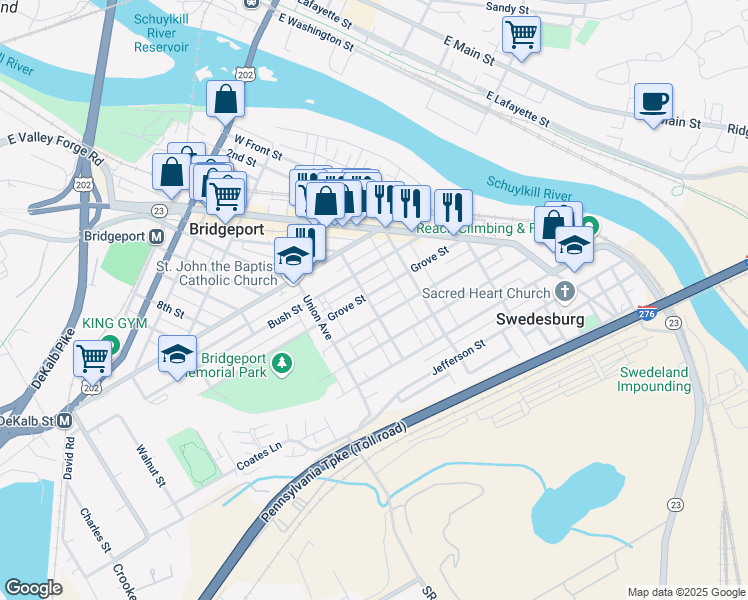 map of restaurants, bars, coffee shops, grocery stores, and more near 446 Grove Street in Bridgeport