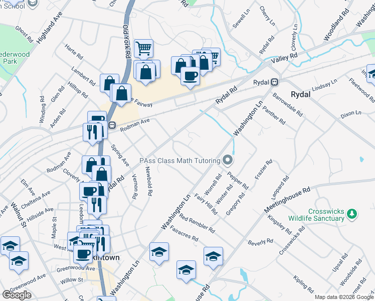 map of restaurants, bars, coffee shops, grocery stores, and more near 1447 Noble Road in Jenkintown