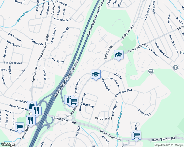 map of restaurants, bars, coffee shops, grocery stores, and more near 25 Primrose Lane in Brick Township