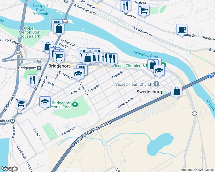 map of restaurants, bars, coffee shops, grocery stores, and more near 427 Prospect Avenue in Bridgeport
