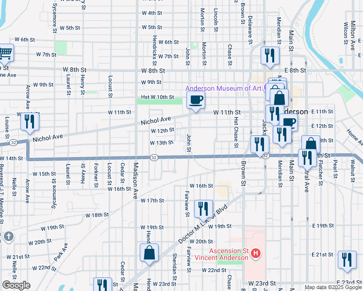map of restaurants, bars, coffee shops, grocery stores, and more near 1315 John Street in Anderson