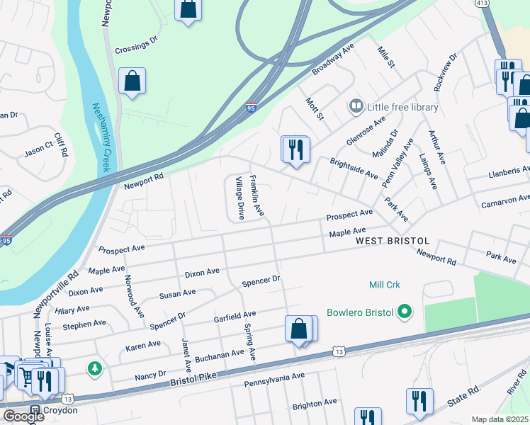 map of restaurants, bars, coffee shops, grocery stores, and more near 1012 Franklin Avenue in Croydon