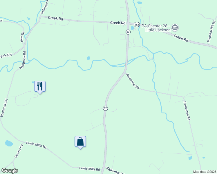 map of restaurants, bars, coffee shops, grocery stores, and more near 843 North Manor Road in Honey Brook