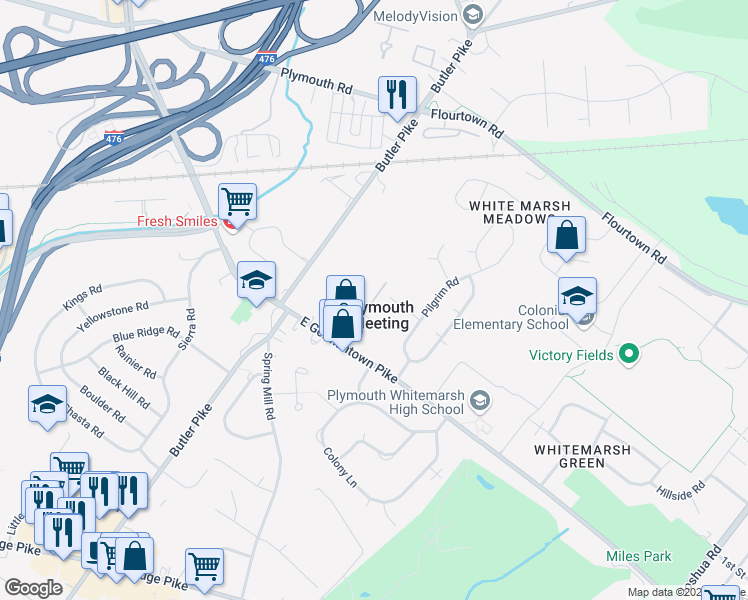 map of restaurants, bars, coffee shops, grocery stores, and more near in Plymouth Meeting