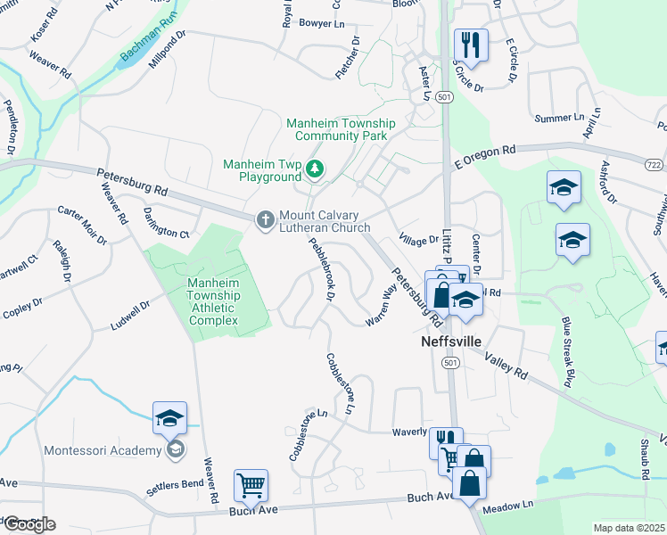 map of restaurants, bars, coffee shops, grocery stores, and more near 166 Pulte Road in Lancaster