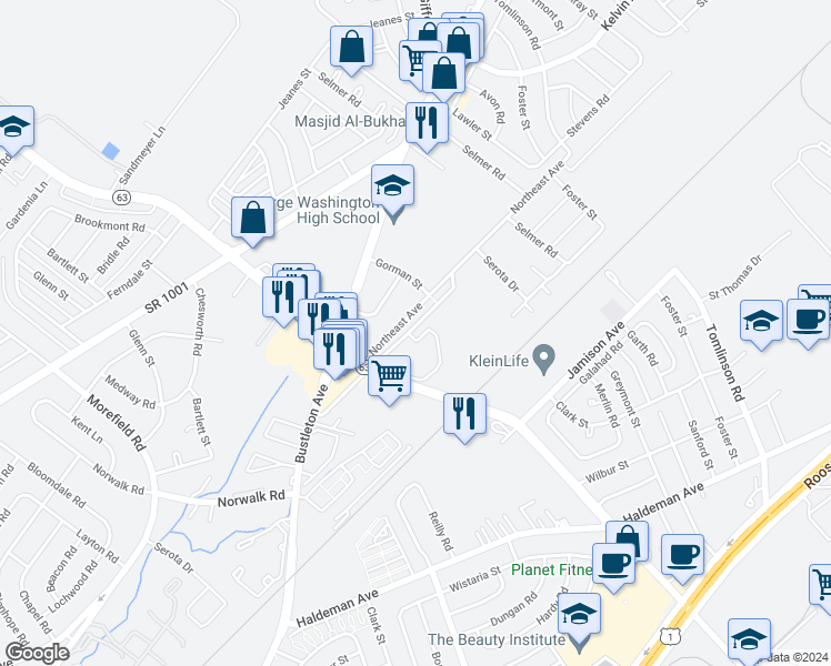 map of restaurants, bars, coffee shops, grocery stores, and more near 10103 Northeast Avenue in Philadelphia