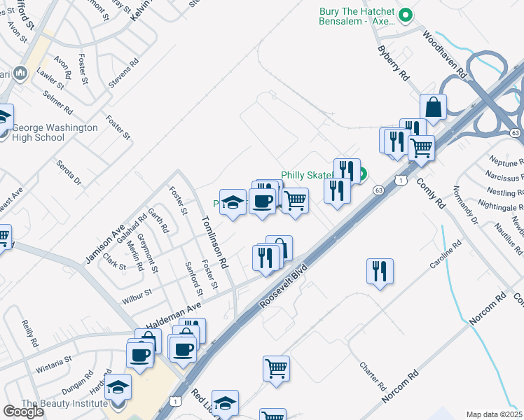 map of restaurants, bars, coffee shops, grocery stores, and more near 11000 Roosevelt Boulevard in Philadelphia
