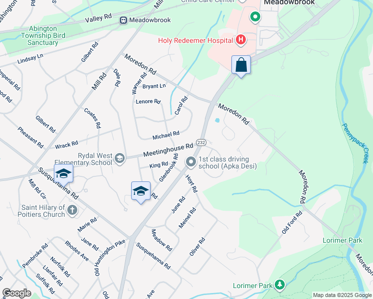 map of restaurants, bars, coffee shops, grocery stores, and more near 1375 Meetinghouse Road in Jenkintown