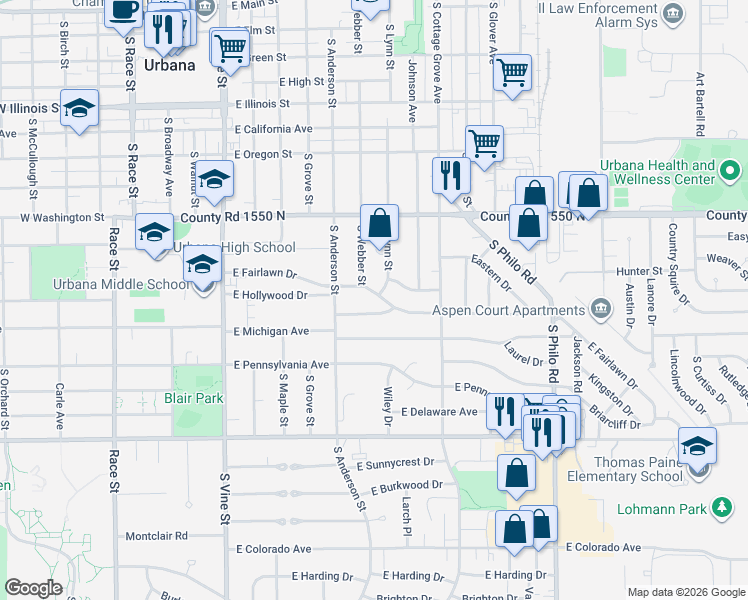 map of restaurants, bars, coffee shops, grocery stores, and more near 806 Hawthorne Drive in Urbana