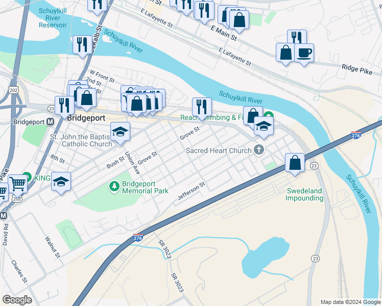 map of restaurants, bars, coffee shops, grocery stores, and more near 409 Holstein Street in Bridgeport