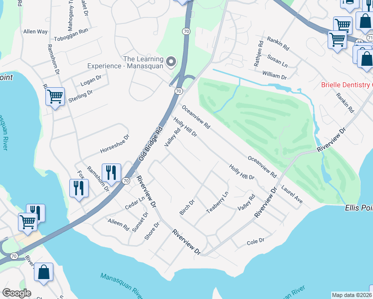 map of restaurants, bars, coffee shops, grocery stores, and more near 638 Summit Place in Brielle
