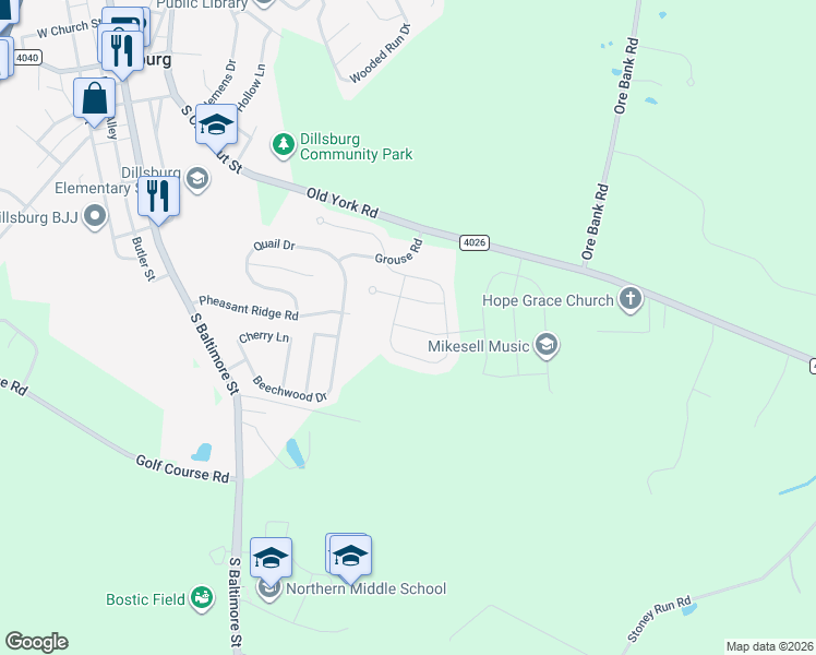 map of restaurants, bars, coffee shops, grocery stores, and more near 44 Pheasant Ridge Road in Dillsburg