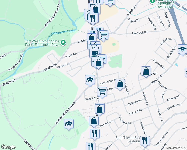 map of restaurants, bars, coffee shops, grocery stores, and more near 5 W Wissahickon Ave in Flourtown
