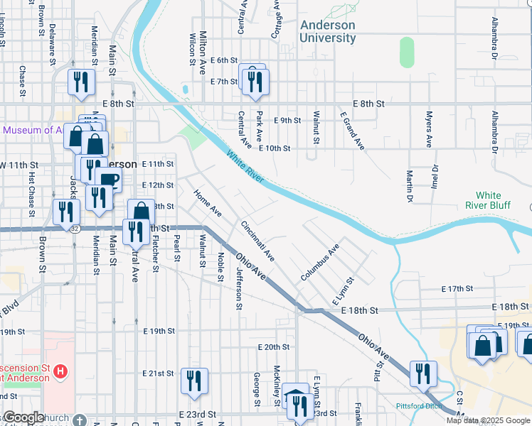 map of restaurants, bars, coffee shops, grocery stores, and more near 715 Prospect Street in Anderson