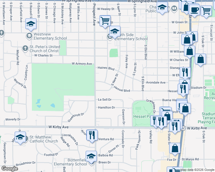 map of restaurants, bars, coffee shops, grocery stores, and more near 702 Fairway Drive in Champaign