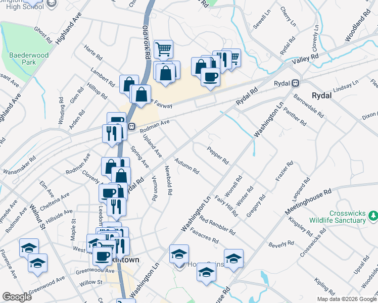 map of restaurants, bars, coffee shops, grocery stores, and more near 1477 Autumn Road in Rydal