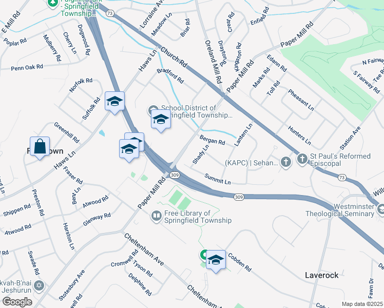 map of restaurants, bars, coffee shops, grocery stores, and more near 1905 Shady Lane in Oreland
